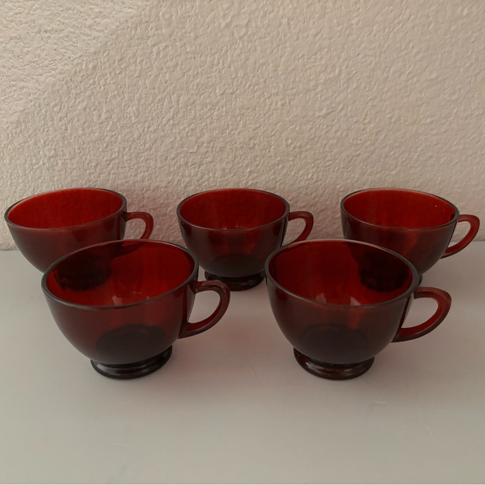 Set of 5 ruby red glass tea / coffee / eggnog cups, 2.5” tall